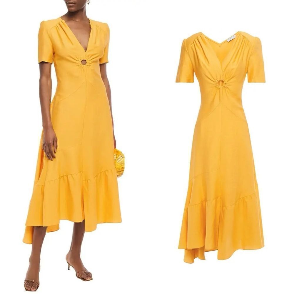 NWT SANDRO Tamara Linen Asymmetric Cutout Gathered Twill Midi Dress in Saffron